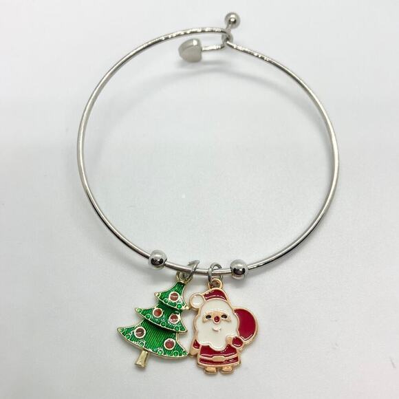 Deja Vu Kreations Jewelry - Bangle Charm Bracelet Santa Claus Christmas Tree Silver Tone